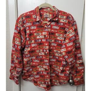 Barn Fly Mens Long Sleeve Button Up shirt- Red With State License Plates Medium
